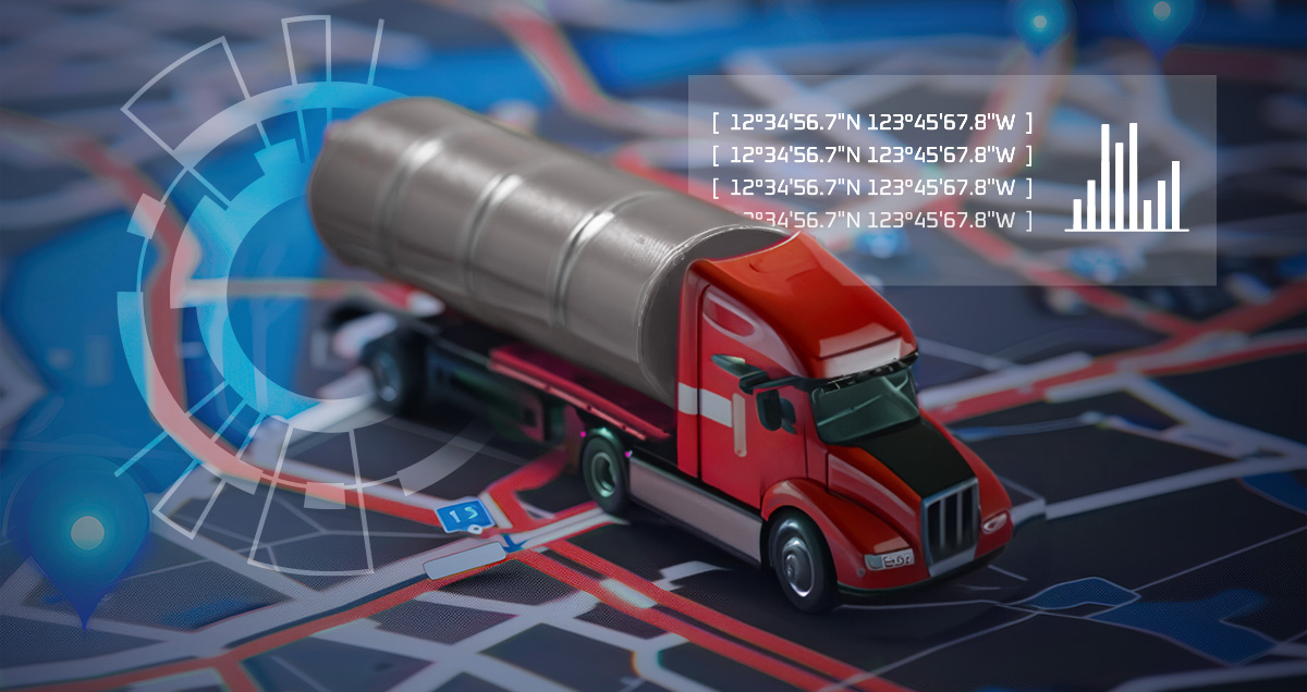 A model truck driving on a map with graphics representing data analytics.